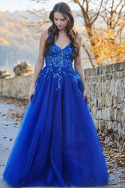 Royal Blue Straps A-Line V-Neck Appliques Sleeveless Long Prom Dress