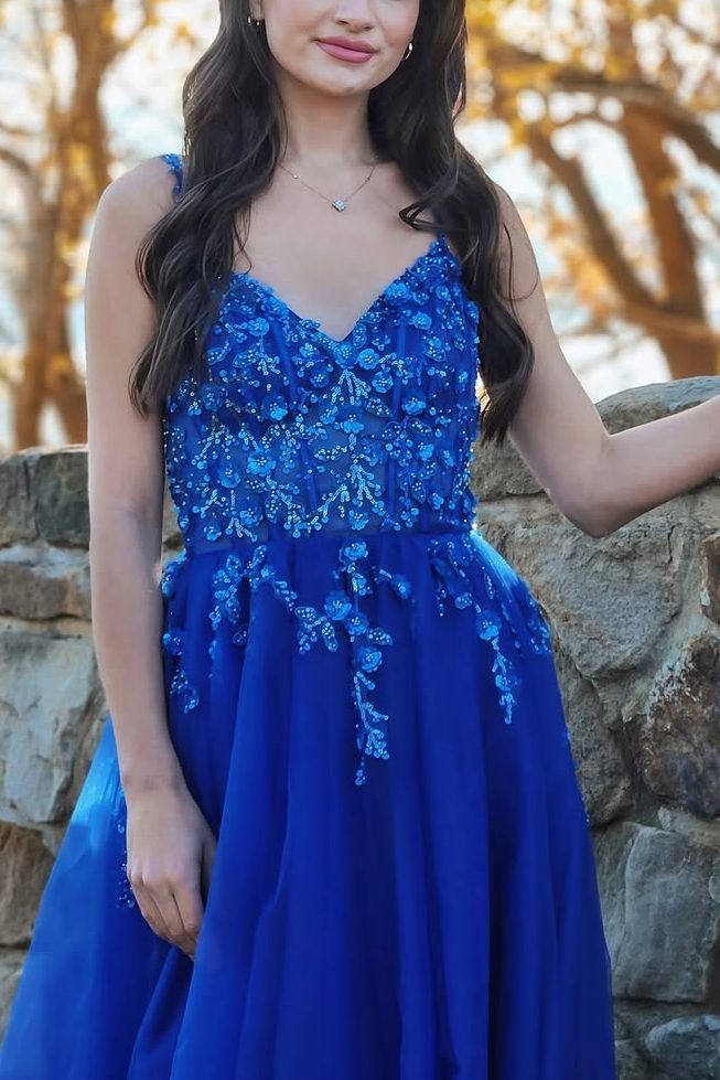 Royal Blue Straps A-Line V-Neck Appliques Sleeveless Long Prom Dress