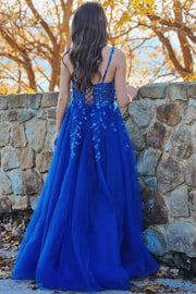 Royal Blue Straps A-Line V-Neck Appliques Sleeveless Long Prom Dress