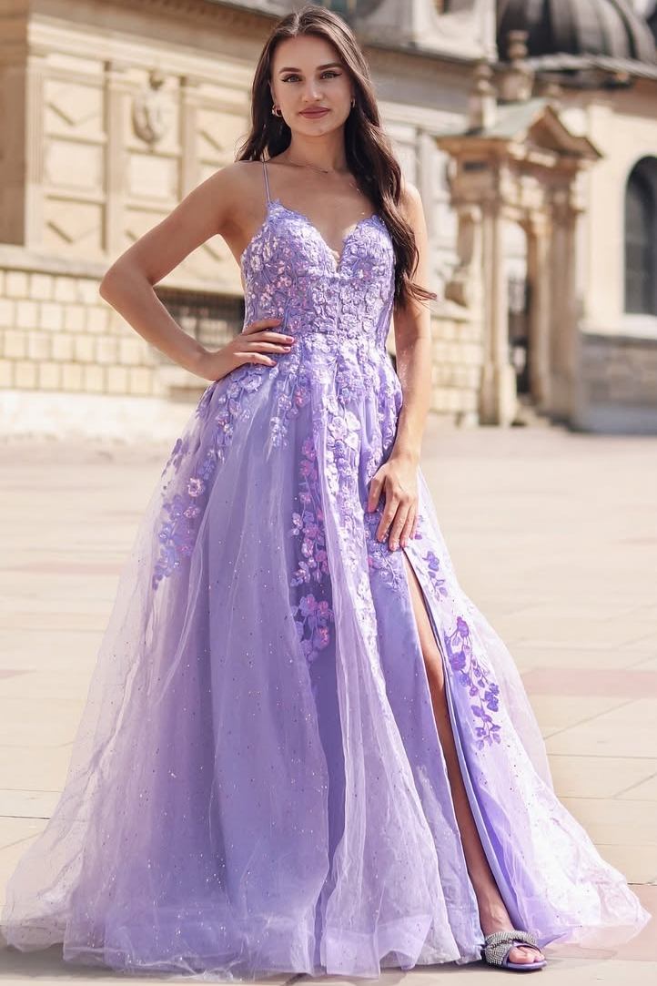 Lilac Spaghetti Straps V-Neck Lace Appliques Tulle Prom Dress with Slit