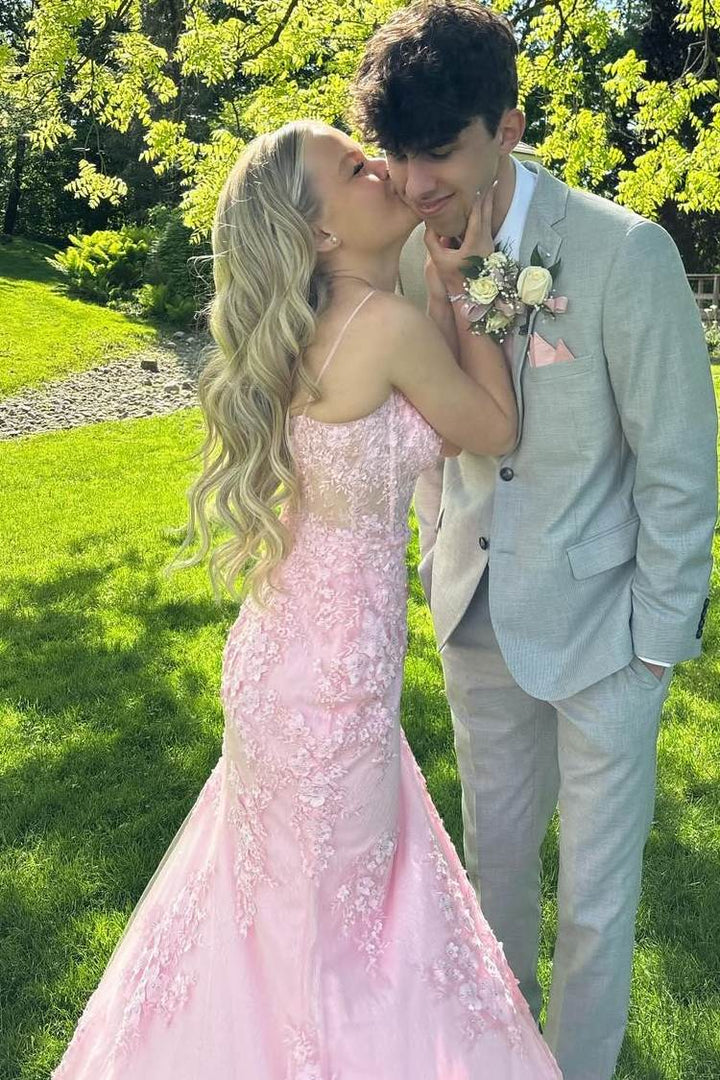 Pink Spaghetti Straps Appliques Mermaid Formal Prom Dress with Train