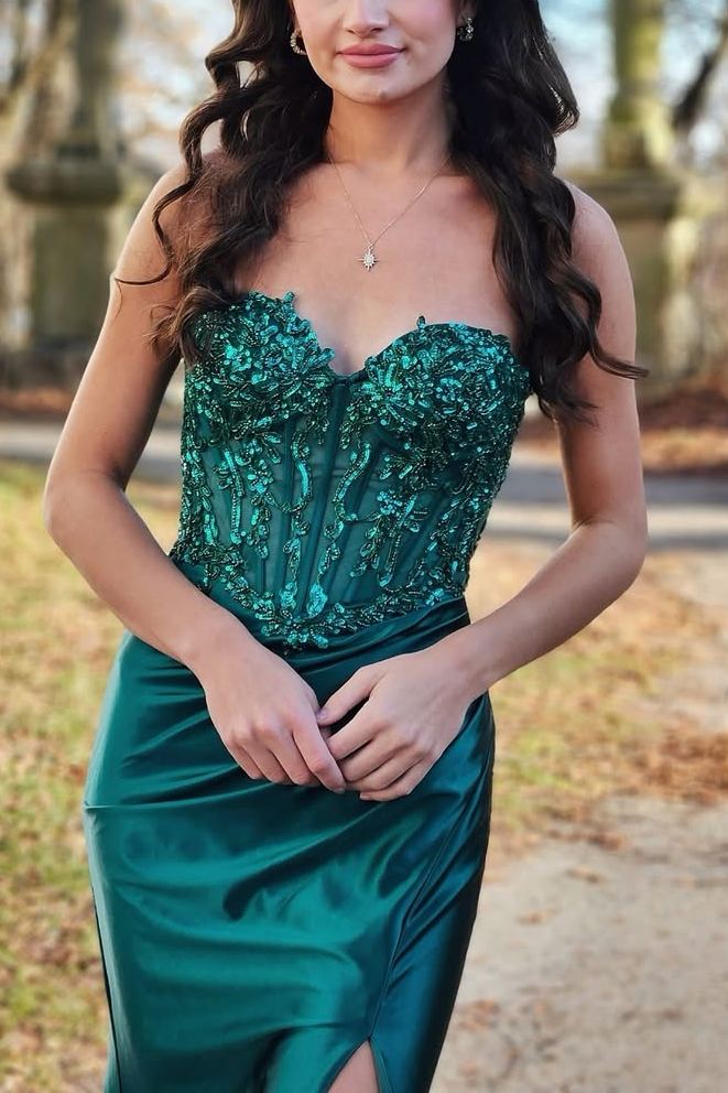 Green Sweetheart Strapless Appliques Pleated Mermaid Prom Dress with Slit