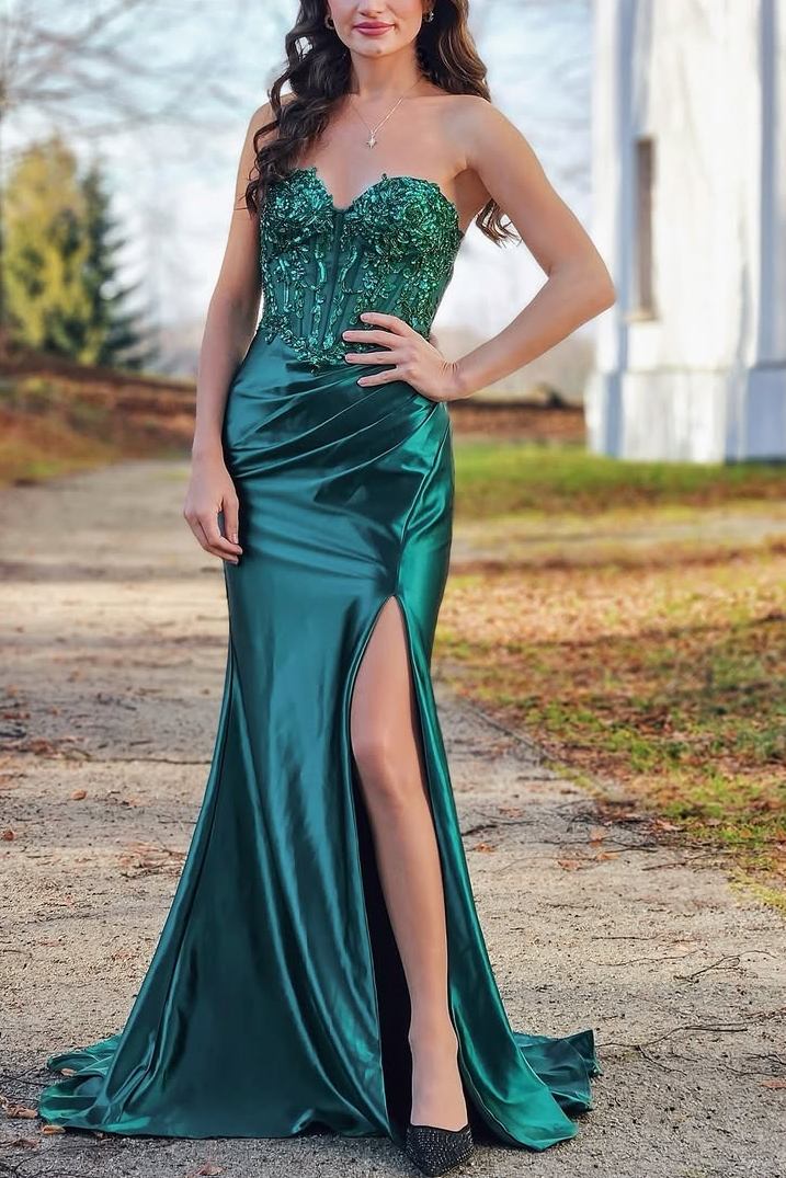 Green Sweetheart Strapless Appliques Pleated Mermaid Prom Dress with Slit