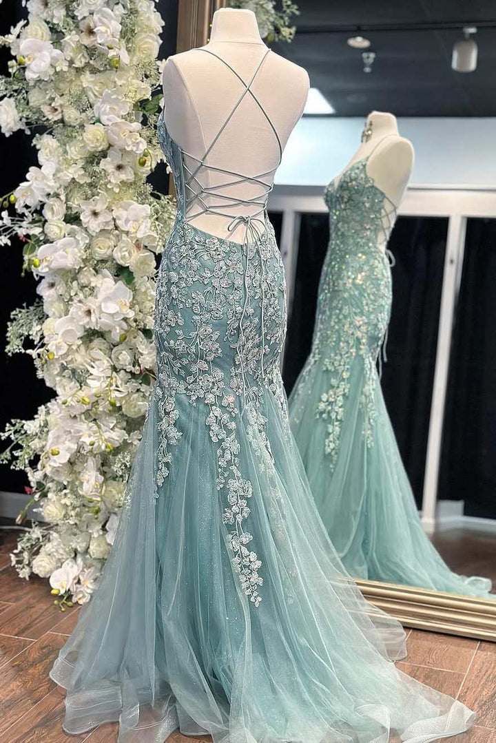 Stunning Spaghetti Straps Lace Appliques Mermaid V-Neck Long Prom Dress
