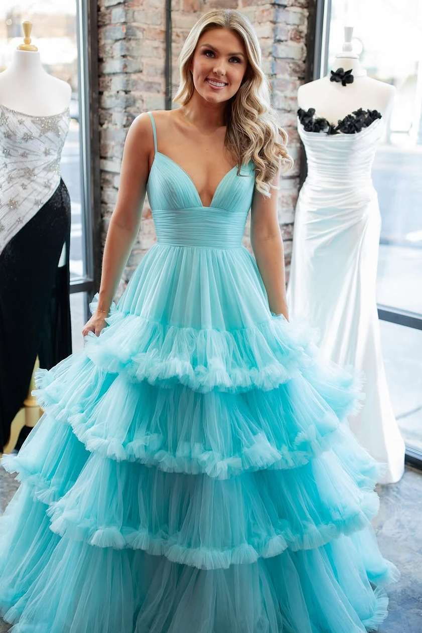 Blue Spaghetti Straps V-Neck Layered Tulle Sleeveless Prom Dress Modsele Blue Spaghetti Straps V-Neck Layered Tulle Sleeveless Prom Dress Modsele