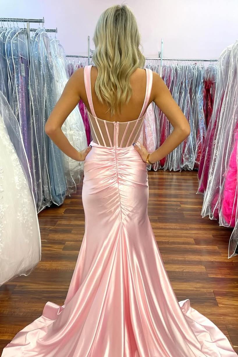 Pink Straps Square Neck Satin Pleated Mermaid Prom Dress with Slit