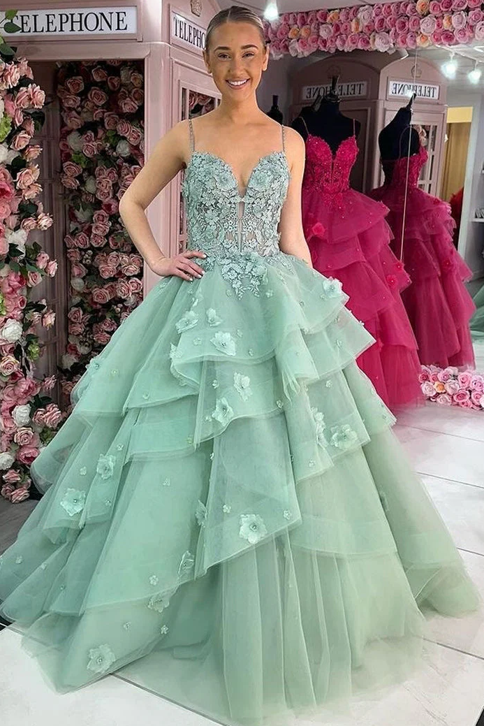 A-Line Ruffles V-Neck Appliques Sleeveless Long Prom Dress with Train