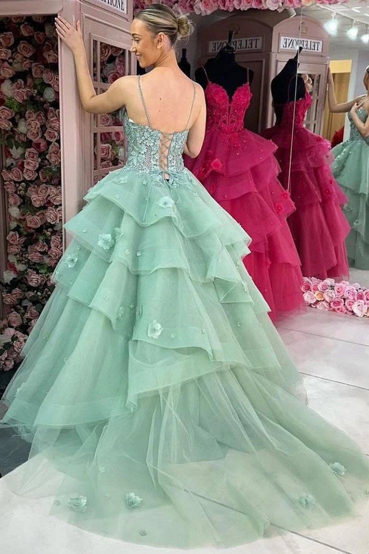 A-Line Ruffles V-Neck Appliques Sleeveless Long Prom Dress with Train