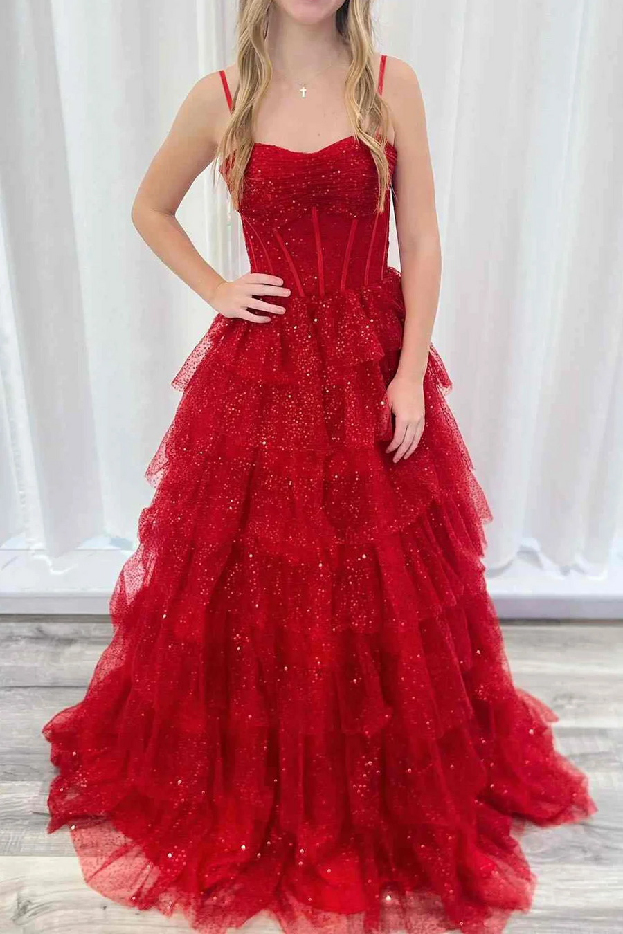 Red Spaghetti Straps Layered Tulle Empire-Waist Long Prom Dress