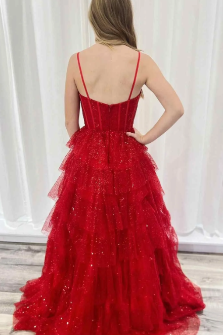 Red Spaghetti Straps Layered Tulle Empire-Waist Long Prom Dress