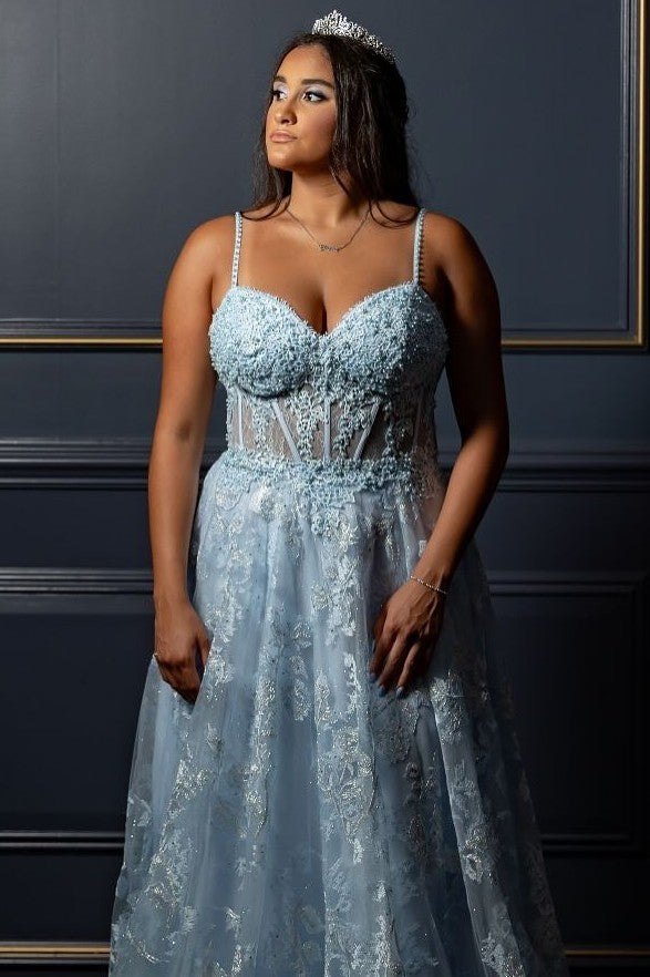 A-Line Spaghetti Straps Lace Appliques Empire-Waist Blue Prom Dress