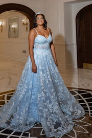 A-Line Spaghetti Straps Lace Appliques Empire-Waist Blue Prom Dress