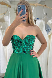 Green Strapless A-Line Sweetheart Mirror-Cut Sequins Long Prom Dress