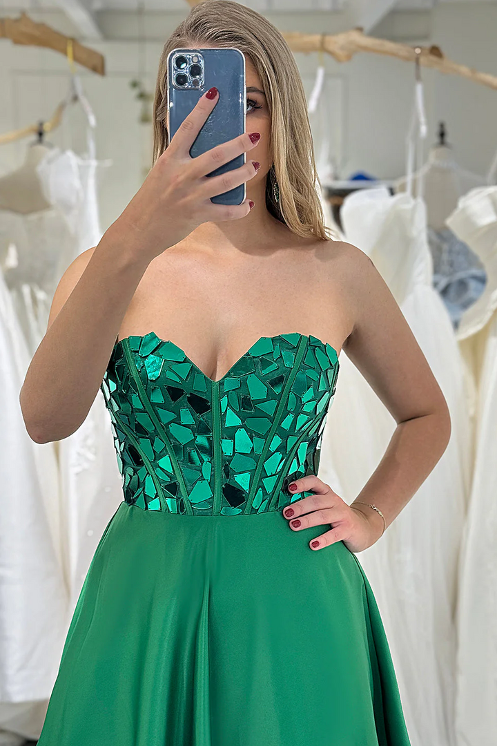 Green Strapless A-Line Sweetheart Mirror-Cut Sequins Long Prom Dress