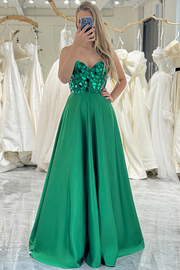 Green Strapless A-Line Sweetheart Mirror-Cut Sequins Long Prom Dress