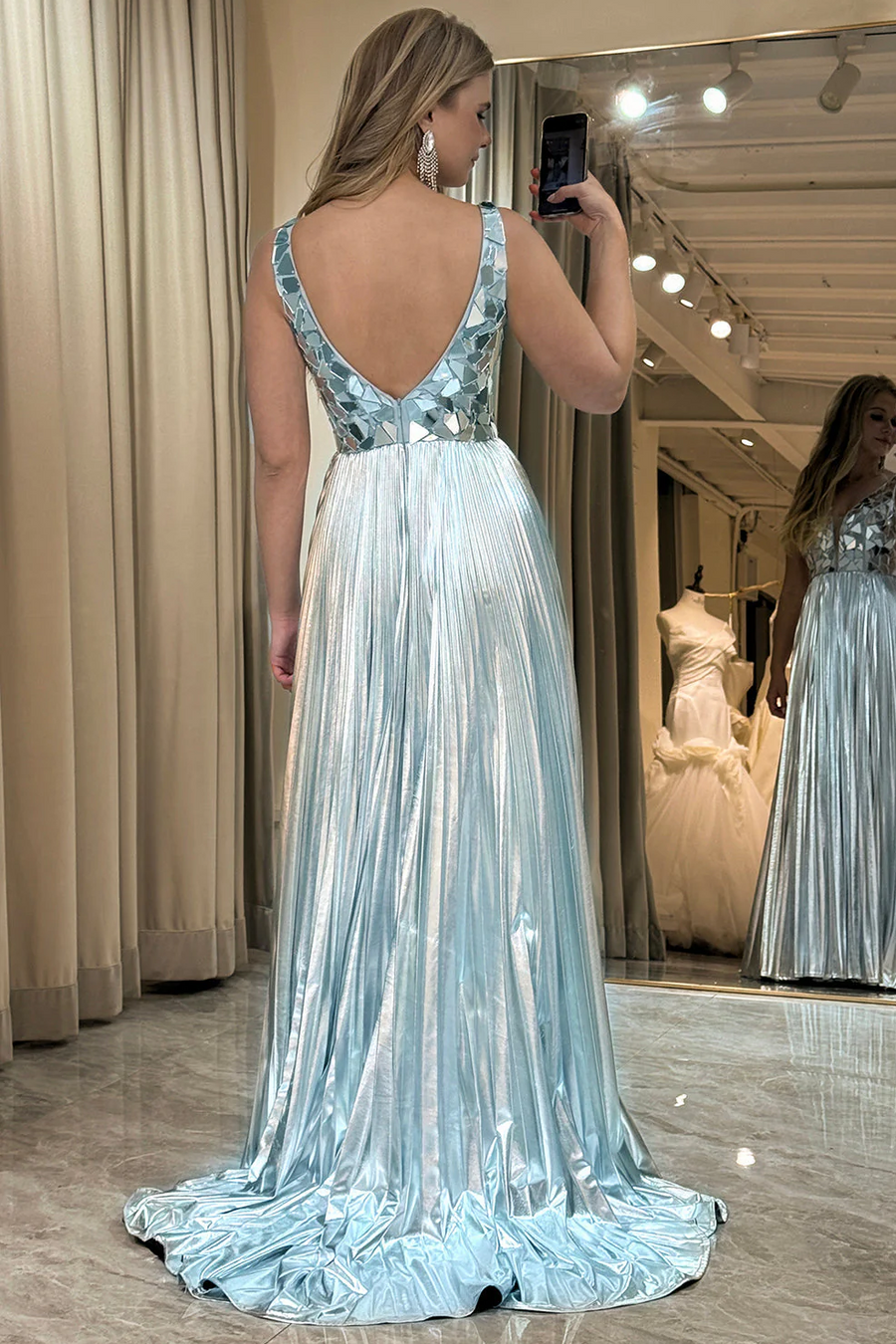 A-Line V-Neck Mirror-Cut Sequins Metallic Pleated Formal Prom Dress wi Modsele A-Line V-Neck Mirror-Cut Sequins Metallic Pleated Formal Prom Dress wi Modsele