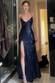 Spaghetti Straps V-Neck Sequined High Slit Long Prom Party Dress