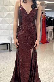 Burgundy Mermaid Sequined V-Neck Sleeveless Long Prom Dress with Slit