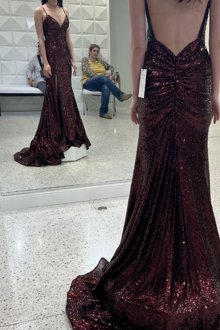 Burgundy Mermaid Sequined V-Neck Sleeveless Long Prom Dress with Slit