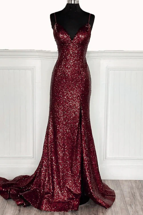 Burgundy Mermaid Sequined V-Neck Sleeveless Long Prom Dress with Slit