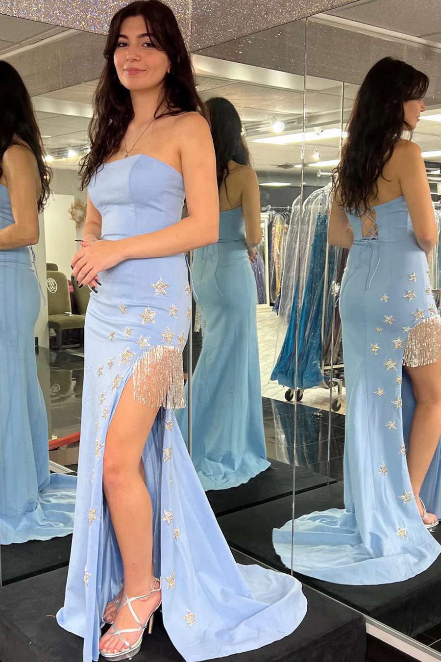 Strapless Scoop Neck Mermaid High Slit Star Formal Prom Dress with Tassel