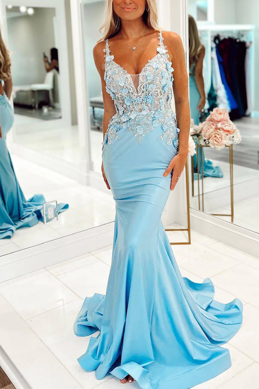 Blue Straps V-Neck Appliques Pleated Mermaid Long Prom Dress