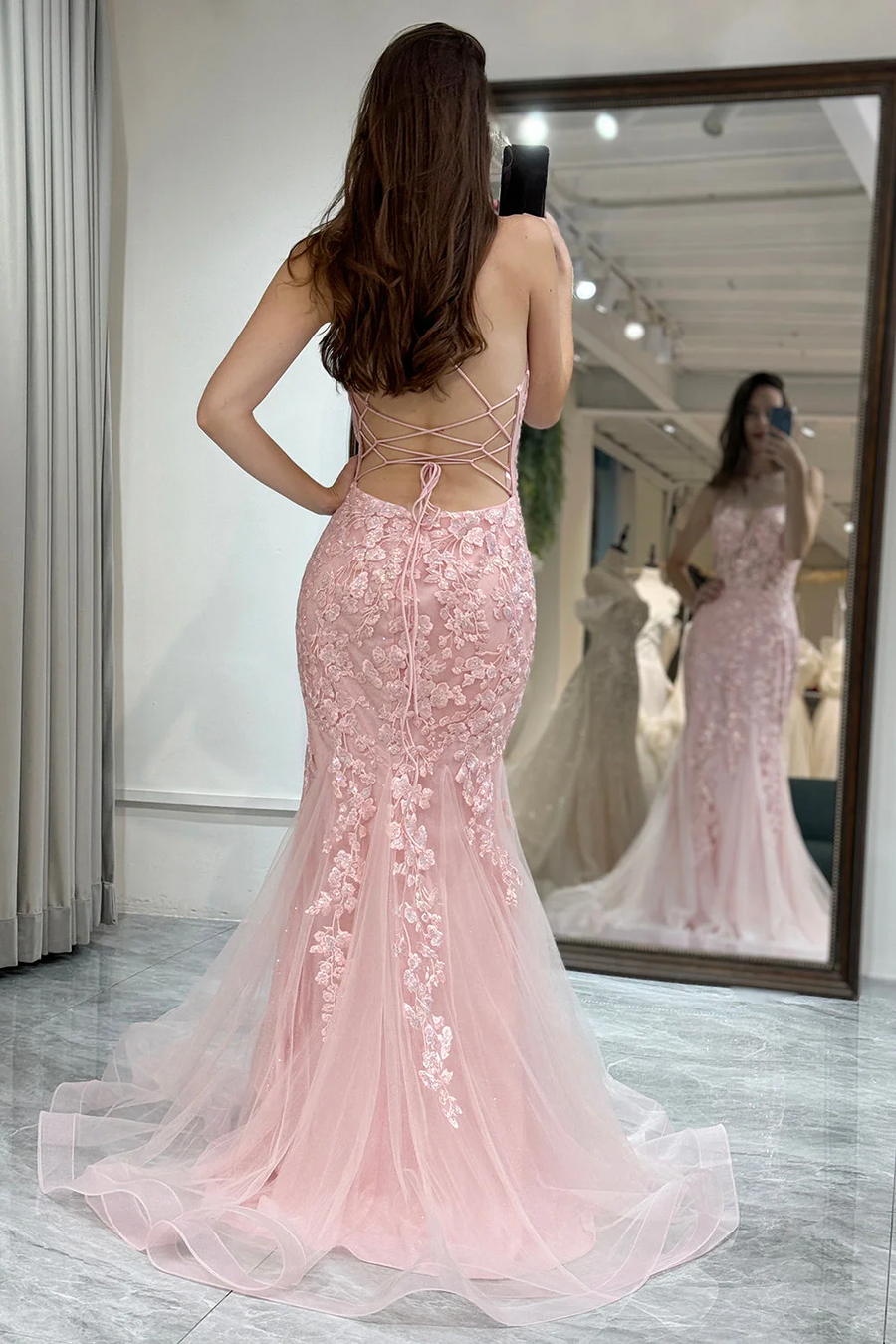 Mermaid Spaghetti Straps Lace Appliques V-Neck Long Prom Dress