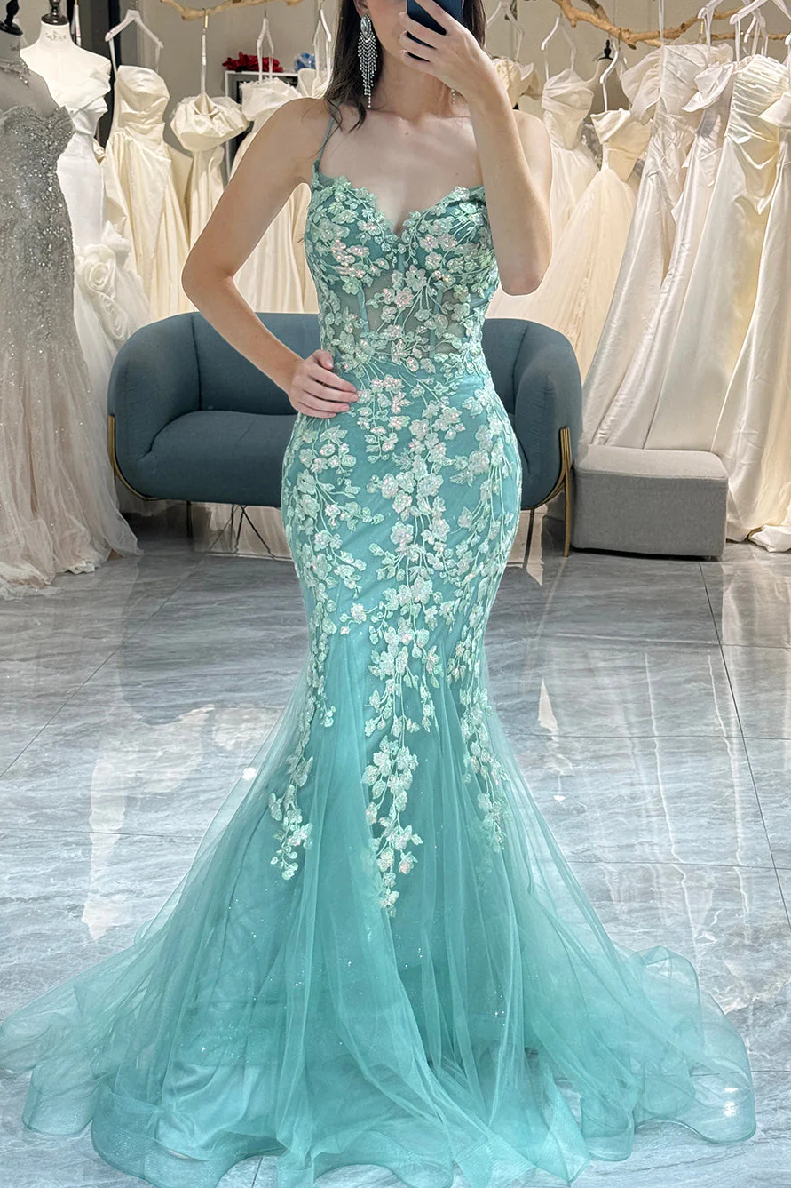 Mermaid Spaghetti Straps Lace Appliques V-Neck Long Prom Dress