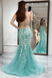 Mermaid Spaghetti Straps Lace Appliques V-Neck Long Prom Dress