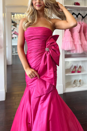 Pink Strapless Satin Pleated  Big Bow Mermaid Formal Prom Dress