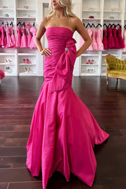 Pink Strapless Satin Pleated  Big Bow Mermaid Formal Prom Dress