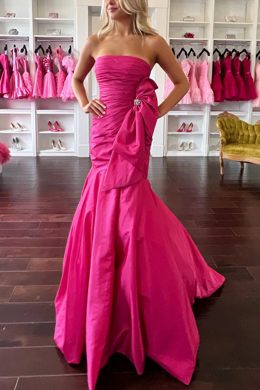 Pink Strapless Satin Pleated Big Bow Mermaid Formal Prom Dress – Modsele
