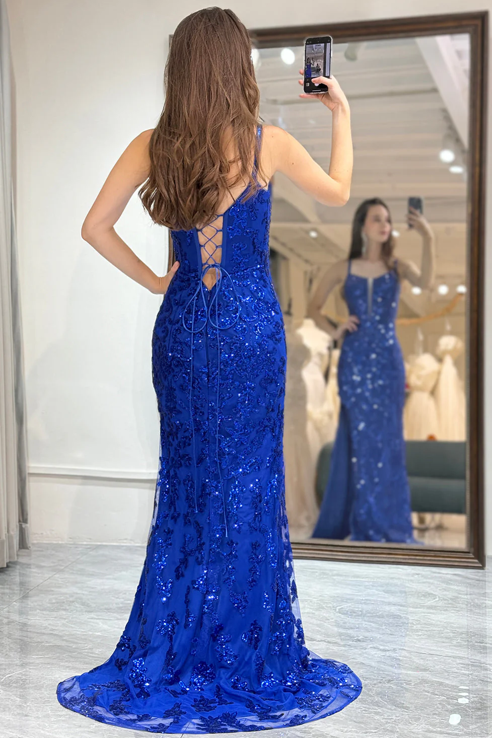 Royal Blue Spaghetti Straps Appliques Mermaid Prom Dress with Slit