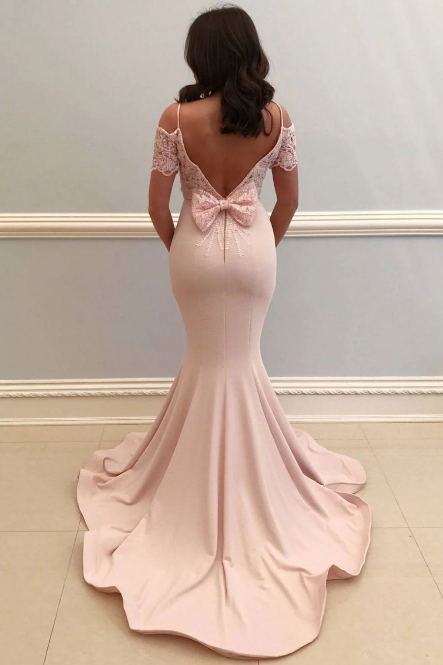 Elegant Cold Shoulder Mermaid Satin Formal Prom Dress with Train