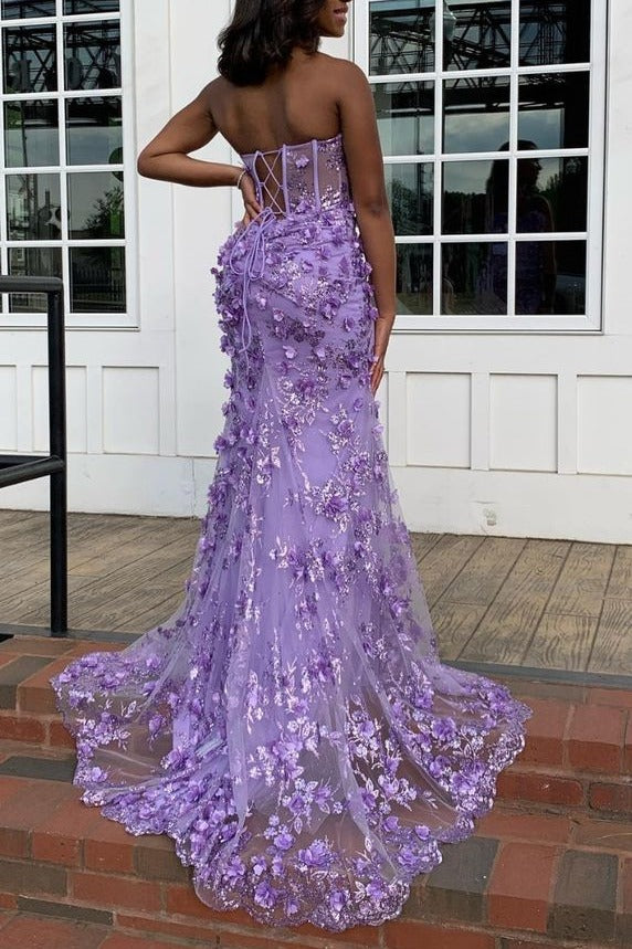 Floral Strapless Sweetheart 3D Appliques Mermaid Prom Dress with Slit