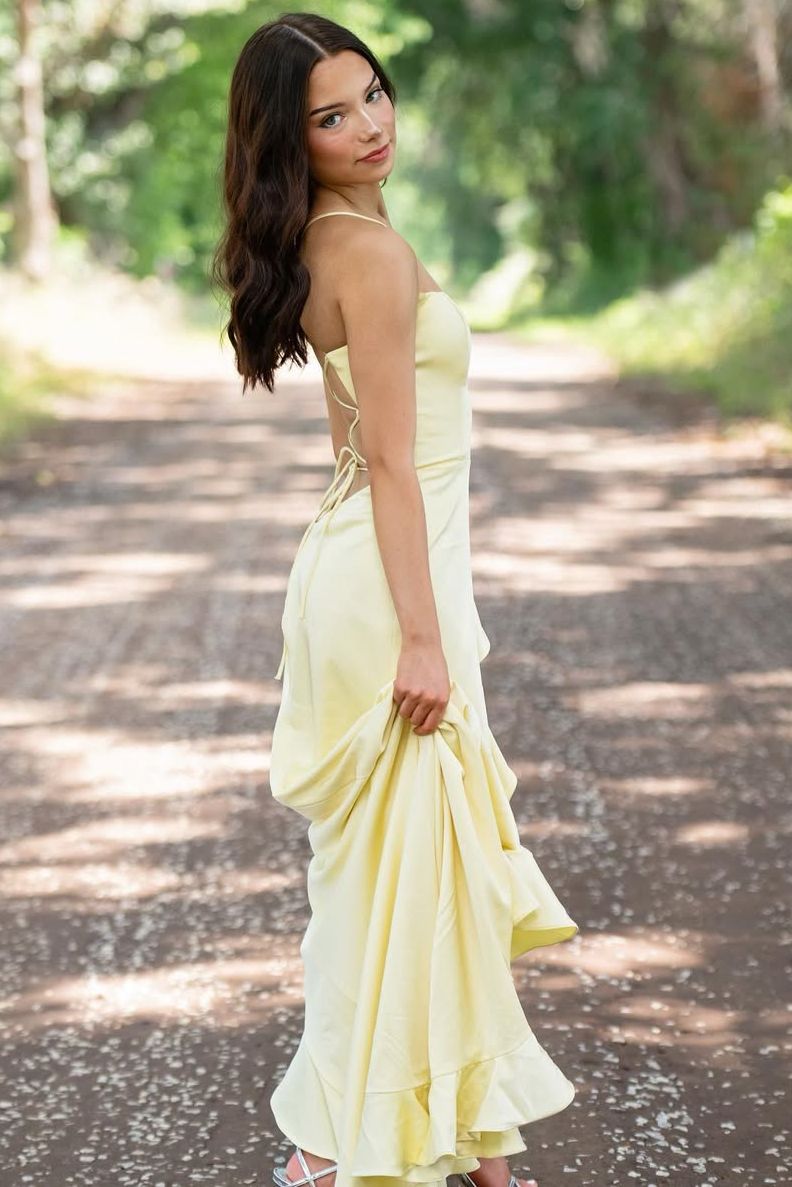 Simple Yellow Spaghetti Straps Mermaid Satin Formal Prom Dress