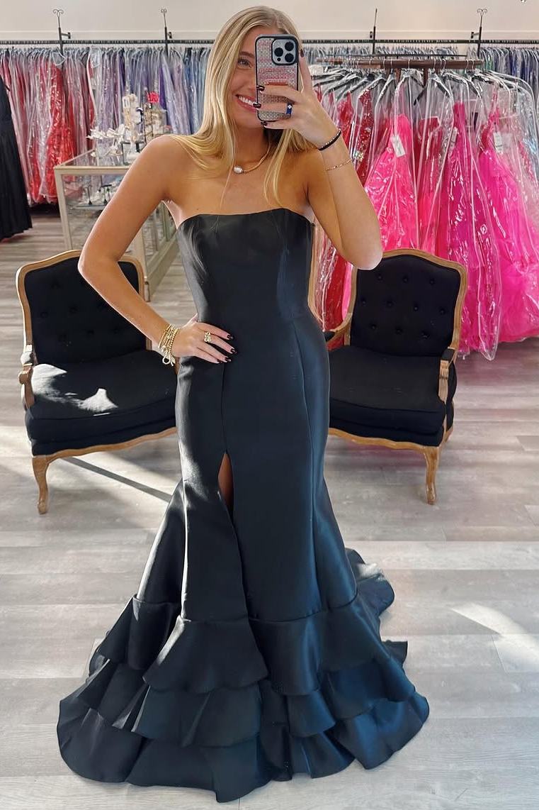 Strapless Scoop Neck Satin Layered Mermaid Prom Dress with Slit