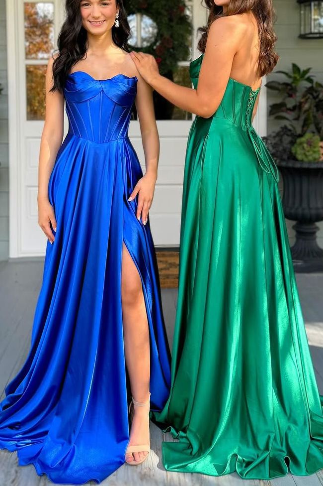 A-Line Strapless Empire-Waist Satin Pleated Formal Prom Dress with Slit