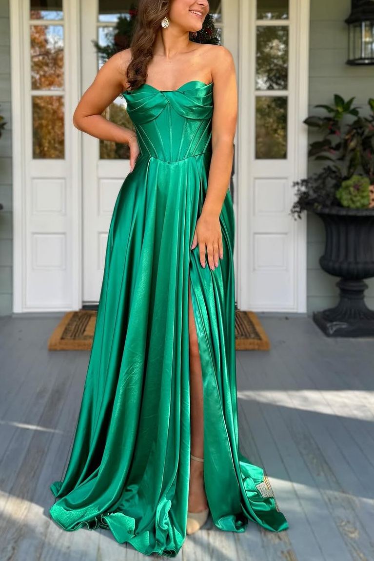 A-Line Strapless Empire-Waist Satin Pleated Formal Prom Dress with Slit