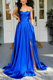 A-Line Strapless Empire-Waist Satin Pleated Formal Prom Dress with Slit