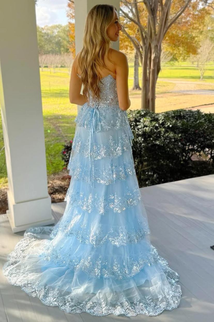 Blue Strapless A-Line V-Neck Sequins Appliques Tiered Prom Dress with Slit