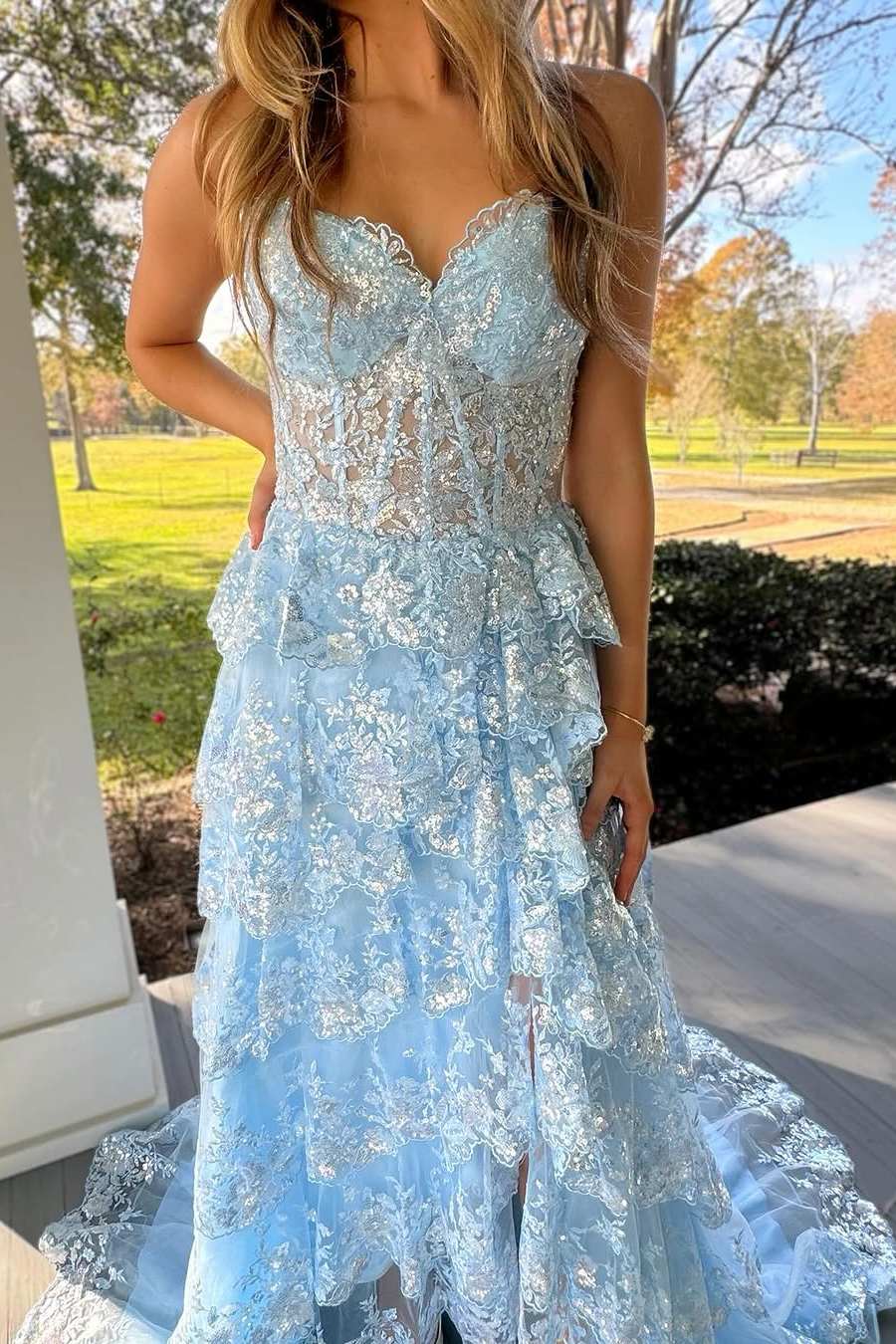Blue Strapless A-Line V-Neck Sequins Appliques Tiered Prom Dress with Modsele Blue Strapless A-Line V-Neck Sequins Appliques Tiered Prom Dress with Modsele
