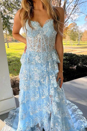 Blue Strapless A-Line V-Neck Sequins Appliques Tiered Prom Dress with Slit