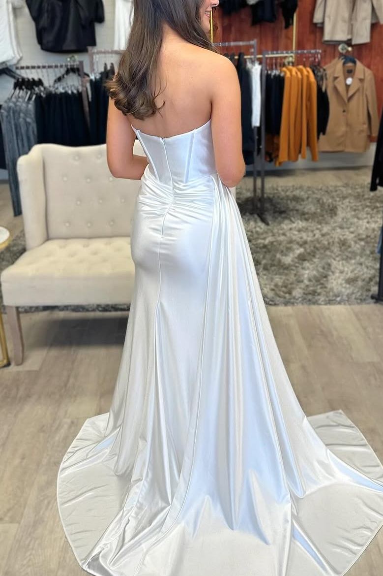 White Strapless Satin Pleated High Slit Long Prom Formal Dress with Train