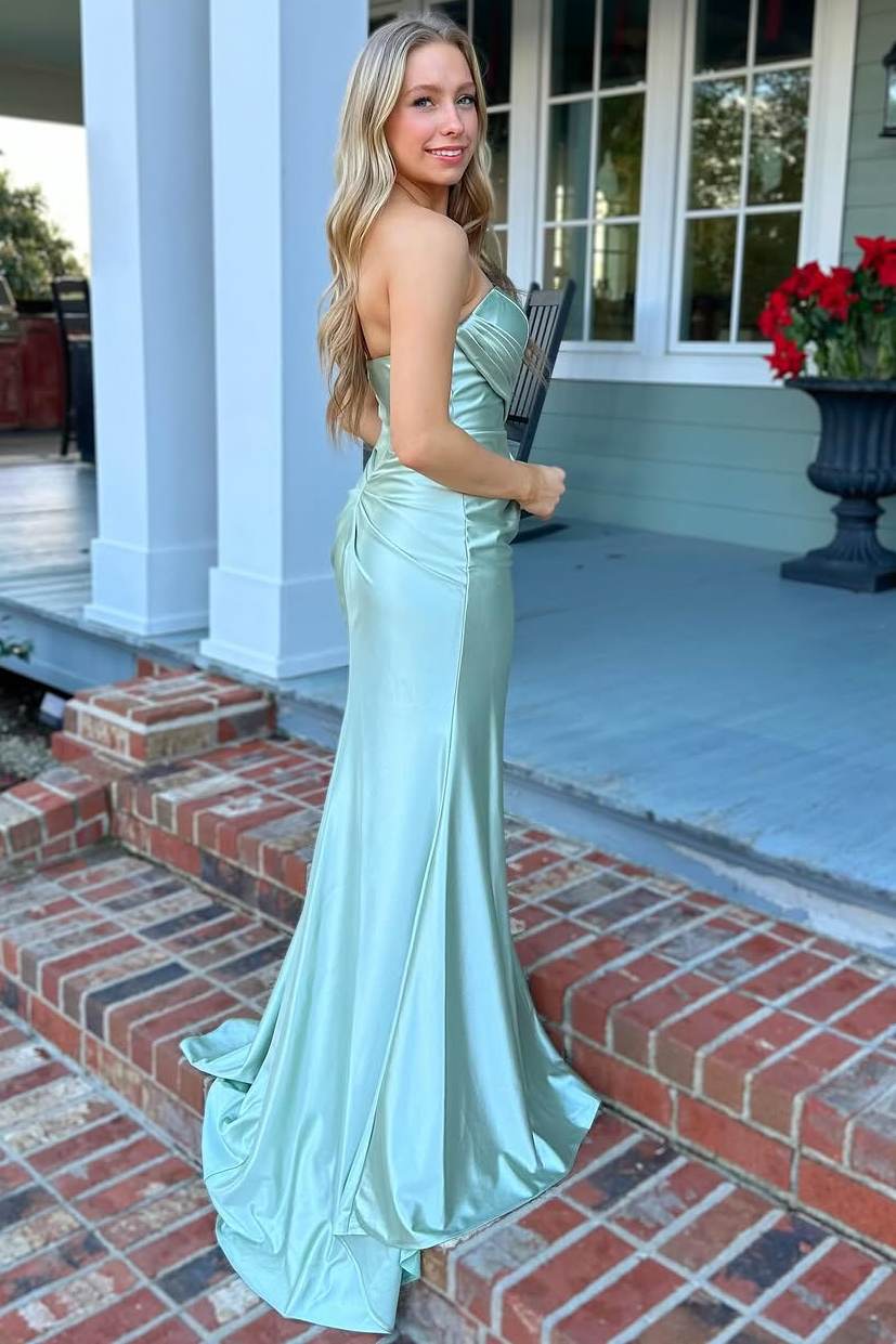 Simple Strapless Mermaid Satin Pleated Formal Prom Dress with Slit