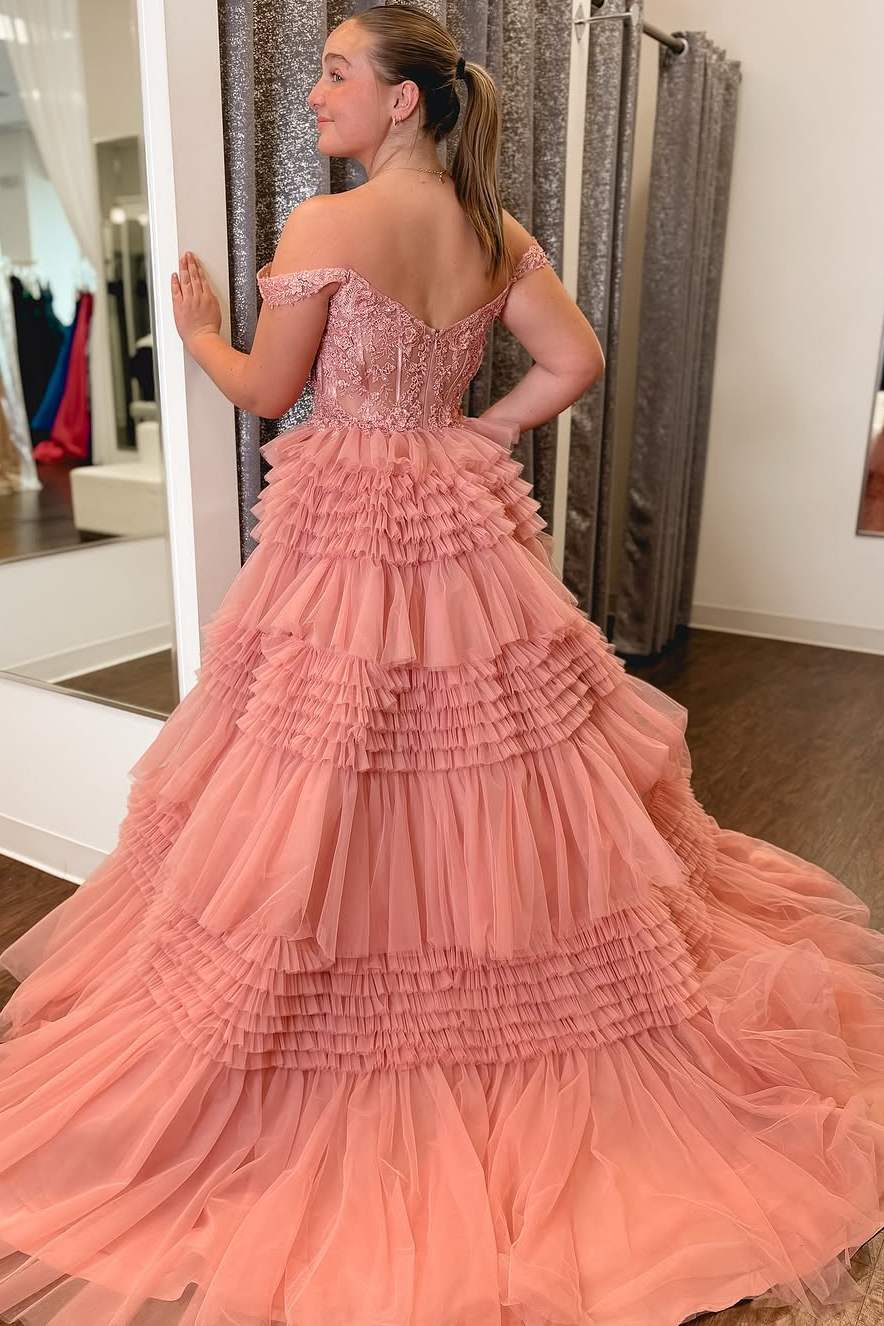 Off-Shoulder Appliques Tiered Tulle Empire-Waist Ruffles Prom Dress