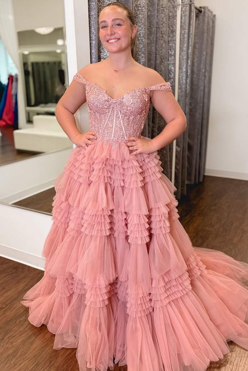 Off-Shoulder Appliques Tiered Tulle Empire-Waist Ruffles Prom Dress