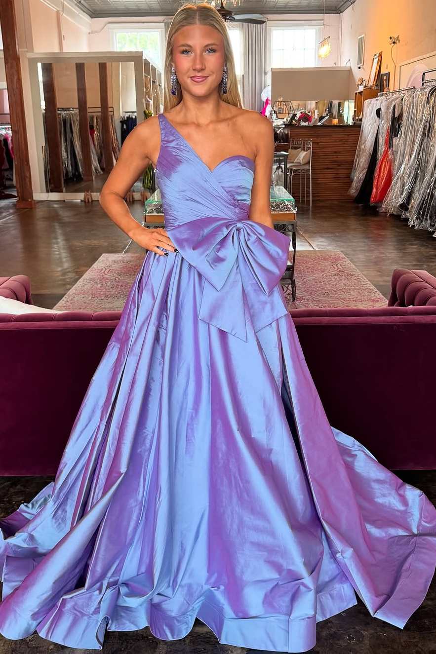 One Shoulder A-Line Empire-Waist Sleeveless Satin Pleated Prom Dress with Bow