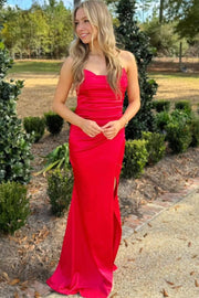 Chic Strapless V-Neck Satin Pleated Sleeveless  Formal Prom Dress with Slit