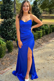 Chic Strapless V-Neck Satin Pleated Sleeveless  Formal Prom Dress with Slit